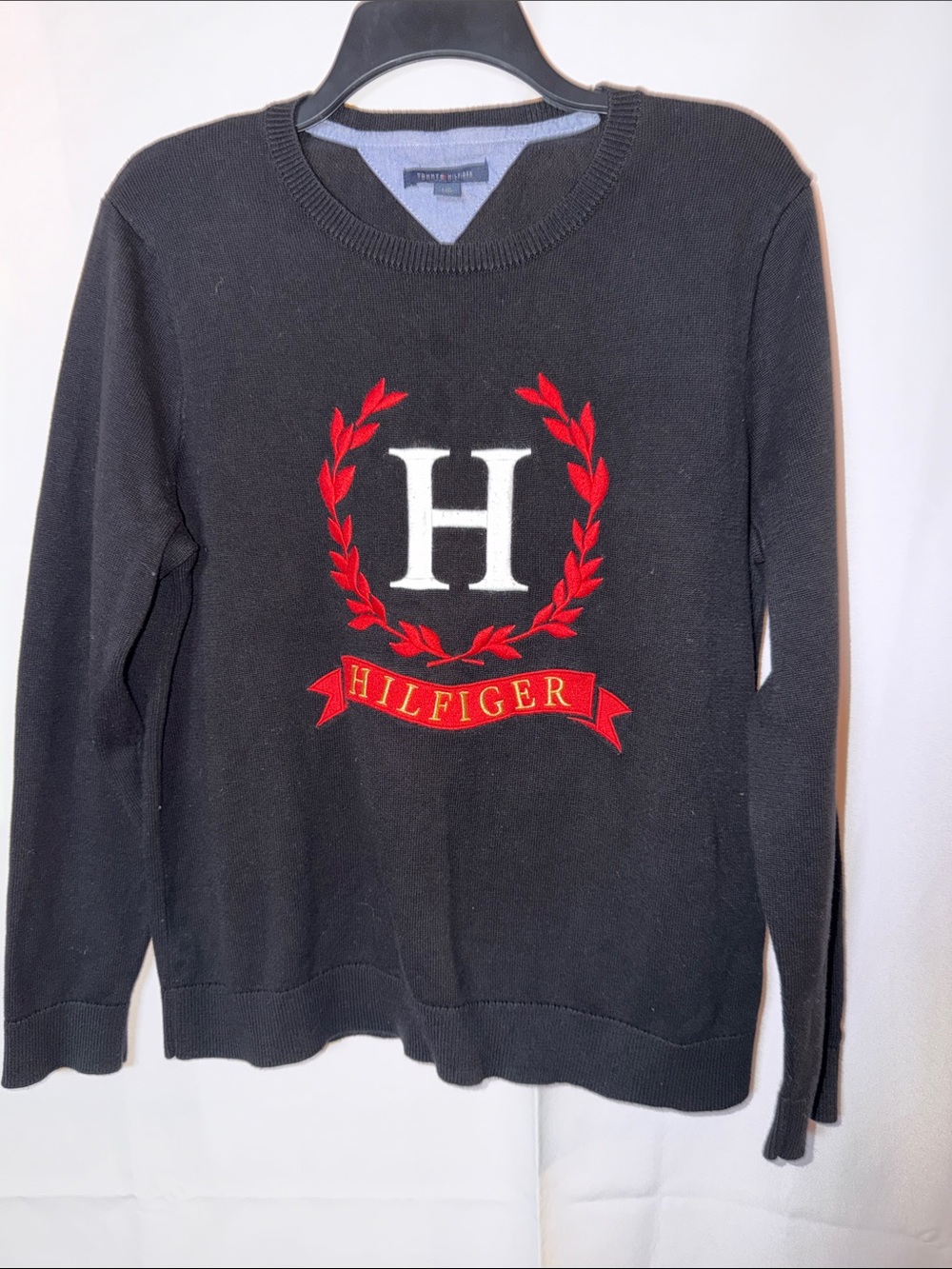 Tommy Hilfiger Black Crewneck Sweater with Red and White Crest